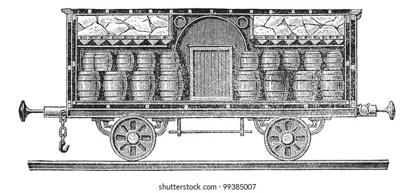 Old engraved illustration of iced beer barrels on wagon for transporting. Industrial encyclopedia E.-O. Lami - 1875.