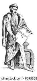 Old engraved illustration of Johannes Gensfleisch zur Laden zum Gutenberg bronze statue by David Hazard. June 24, 1840 in Strasbourg, France.  Dictionary of words and things - Larive and Fleury - 1895