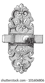 Old engraved illustration of Latch and Bolt belong to Louis XIII, isolated on a white background.   Dictionary of words and things - Larive and Fleury - 1895