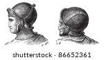 Old engraved illustration of legionary helmets isolated on a white background. Industrial encyclopedia E.-O. Lami 1875.