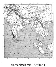 Old engraved illustration of map of India and Indochina. Dictionary of words and things - Larive and Fleury - 1895