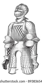 Old engraved illustration of Maximilian armor at the Paris Museum of Artillery, isolated on a white background. Industrial encyclopedia E.-O. Lami - 1875.