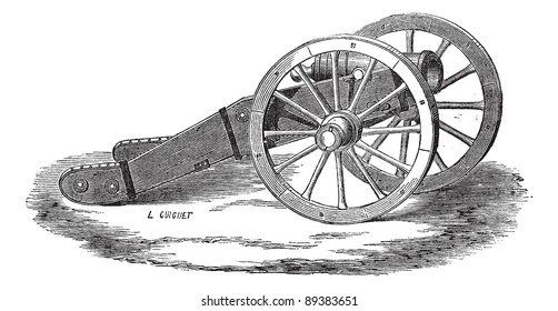 Old engraved illustration of Mounting of howitzer (Valliere system). Industrial encyclopedia E.-O. Lami - 1875.