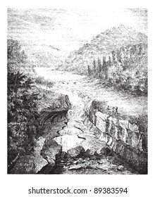 Old engraved illustration of Perte-du-Rhone in Bellegarde-sur-Valserine France. Industrial encyclopedia E.-O. Lami - 1875.