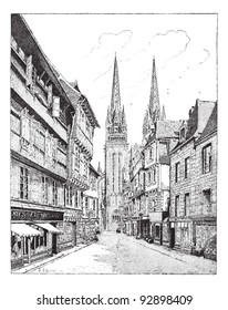 Vieja ilustración de la Catedral Quimper en Francia. Diccionario de palabras y cosas - Larive y Fleury - 1895