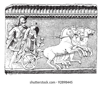 Alte gravierte Illustration der Rückkehr von Helen auf Quadriga aus der Kollektion Campana (Louvre Museum). Wörterbuch der Worte und Dinge - Larive und Fleury - 1895