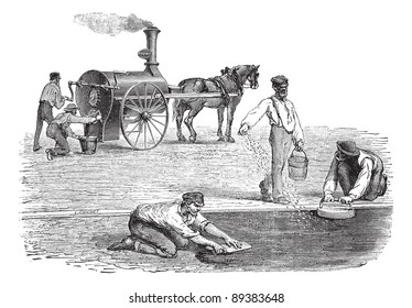 Old engraved illustration of road workers making pavement with the help of steam engine. Industrial encyclopedia E.-O. Lami - 1875.