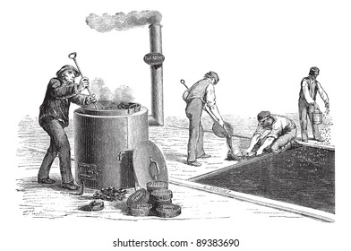 Old engraved illustration of Road workers making the pavement. Industrial encyclopedia E.-O. Lami - 1875.