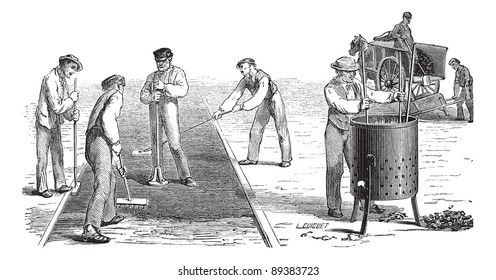 Old engraved illustration of road workers doing asphalt. Industrial encyclopedia E.-O. Lami - 1875.