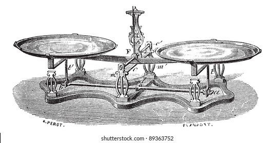 Old engraved illustration of Roberval balance scale isolated on a white background. Industrial encyclopedia E.-O. Lami - 1875.