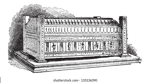 Old engraved illustration of Sarcophagus, which contains the mummy of Seracher. Dictionary of words and things - Larive and Fleury ? 1895