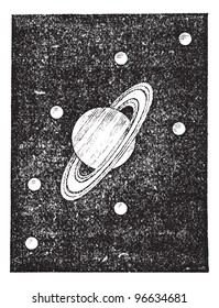 Old engraved illustration of Saturn and its satellites. Dictionary of words and things - Larive and Fleury - 1895