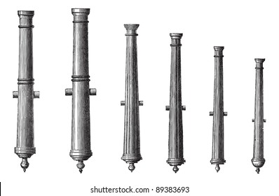 Alte gravierte Illustration von sechs verschiedenen Kanonenarten einzeln auf weißem Hintergrund. Industrielle Enzyklopädie E.-O. Lami - 1875.