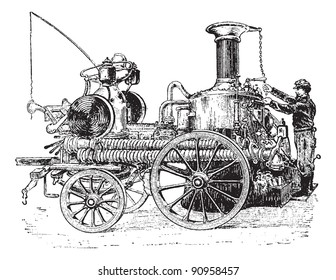 Old engraved illustration of steam pump on carriage, it is used against fire. Dictionary of words and things - Larive and Fleury, 1895