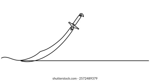 Old engraved illustration of Sword which belonged to Myles Standish, English military officer, Sword sign line continuous drawing vector. One line Sword vector background. Sword icon. Continuous one.
