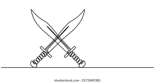 Old engraved illustration of Sword which belonged to Myles Standish, English military officer, Sword sign line continuous drawing vector. One line Sword vector background. Sword icon. Continuous one.