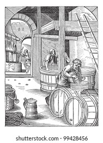 Old engraved illustration of three brewer of the sixteenth century working in the factory. Industrial encyclopedia E.-O. Lami - 1875.