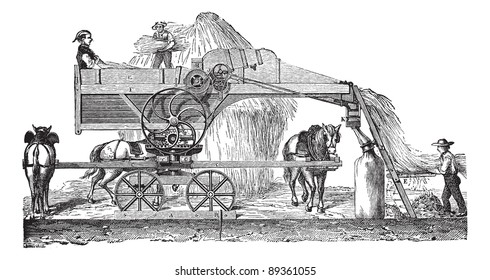 Old engraved illustration of Threshing machine or thrashing machine in the field. Industrial encyclopedia E.-O. Lami - 1875.