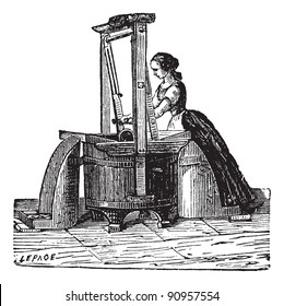 Old engraved illustration of a washerwoman washing clothes outside. Industrial encyclopedia E.-O. Lami - 1875.