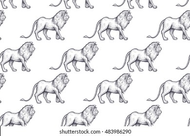 Old engraving African lions. Vector illustration seamless pattern. White and black.