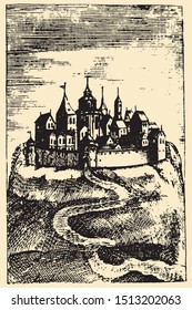 Old engraving. Castle on the mountain in ancient style