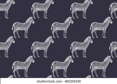 Old engraving zebras. Vector illustration seamless pattern. White and black. African animals.