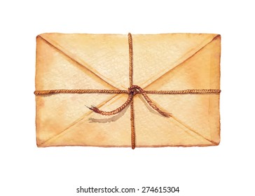 Old envelope associated cord - painted in watercolor. Vectorized watercolor illustration.