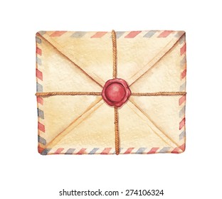 Old envelope associated cord and sealed with wax stamp - painted in watercolor.  Vectorized watercolor illustration.