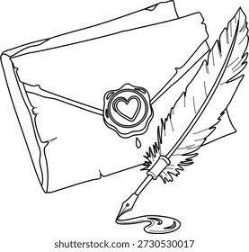 Um envelope antigo selado com um selo de cera em forma de coração e uma caneta de pena com tinta.