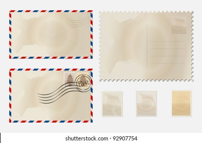 Old envelope, stamp set and postcard. Vector Illustration.