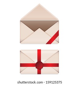 Old envelopes set with red wax seal and ribbons isolated on white background