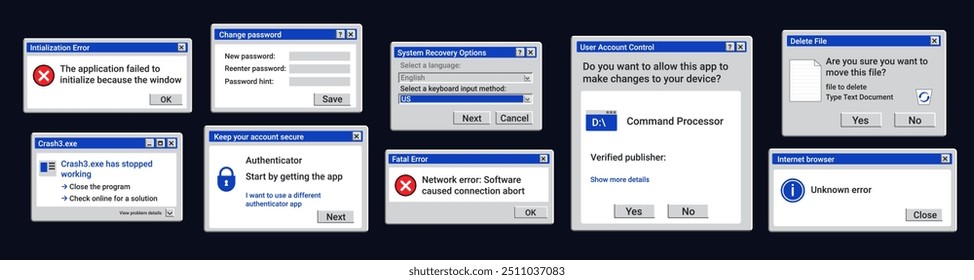 Antiguas notificaciones de error. Cambiar contraseña ventana retro. Opciones de recuperación del sistema en pantalla.