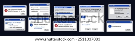 Old error notifications. Change password retro window. System recovery options on screen.