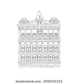 Old Europe building facade with arched windows, architectural sketch vector illustration