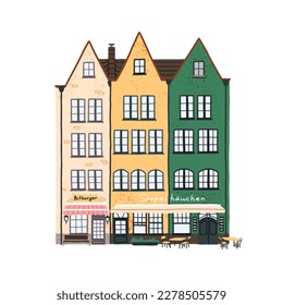 Old Europe city houses. Historical German architecture facades. Cute cozy European Dutch buildings, vintage-styled exterior with stores and cafes. Flat vector illustration isolated on white background