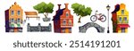 Old Europe street design elements - cute houses with windows and balconies, stone bridge and fence, green trees and streetlight, wooden bench and bicycle. Cartoon vector set of vintage town objects.