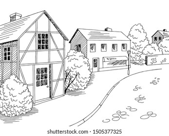 Old Europe street road graphic black white city landscape sketch illustration vector