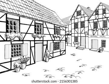 Old Europe Street Road Graphic Black White City Landscape Sketch Illustration Vector 