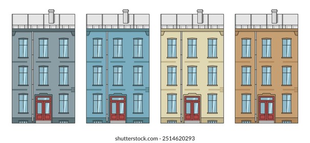 old european apartment building facade cartoon style front view vector flat illustration