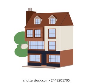 Old European architecture, house exterior. Vintage Victorian building facade. Historic English structure with windows. History real estate. Flat vector illustration isolated on white background