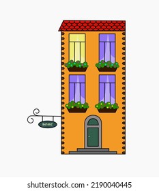 Old European building in cartoon style. Three floors. Front view. House, hotel. Vector illustration.