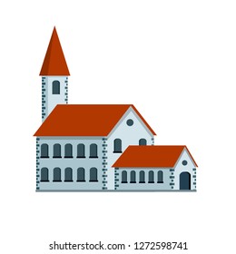 Old European building with red roof and tower. Small town hall. Municipality and town hall. Historic centre. Cartoon flat illustration