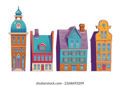 Old european buildings, city houses and church. Scandinavian street architecture, exterior of sweden or danish buildings isolated on white background, vector illustration in contemporary style