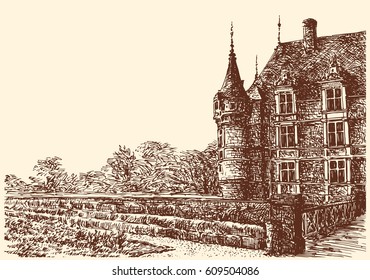 Old European castle Azay-le-Rideau in France. Black and white dashed style sketch, line art, drawing with pen and ink. Retro vintage picture.