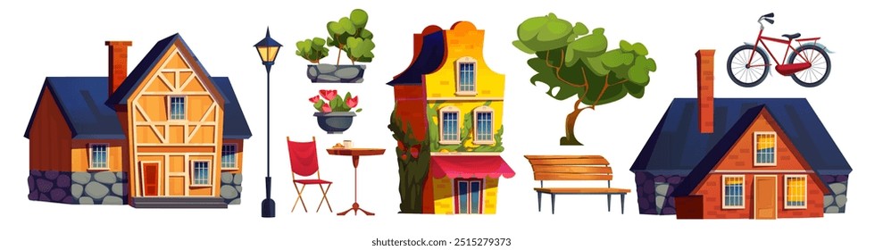 Antiguos edificios de la ciudad europea aislados sobre fondo blanco. Ilustración de dibujos animados de Vector de casa de piedra holandesa con chimenea en el techo, banco de madera, bicicleta, mesa y silla de café de la calle, árbol verde