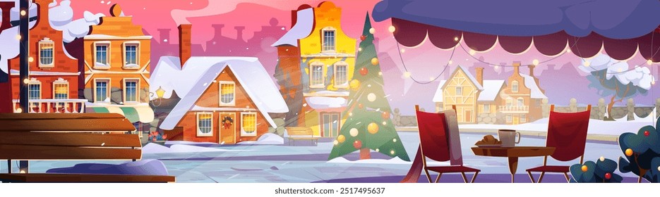 Old European city square on Christmas. Vector cartoon illustration of cozy winter town street with decorated X-mas tree, holiday wreath on door, garland lights in cafe, chimney smoke on snowy roofs