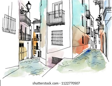 Old European city street in hand drawn line sketch style. Urban romantic landscape. Black and white vector illustration on colorful watercolor background