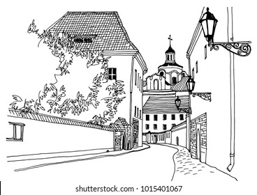 Old European city street with three street lights in hand drawn line sketch style. Urban romantic landscape. Black and white vector illustration on white background