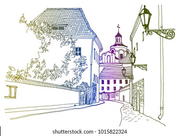 Old European city street with three street lights in hand drawn line sketch style. Urban romantic landscape. Colorful vector illustration on white background.