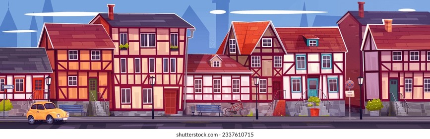 Old European city street with traditional buildings. Vector cartoon illustration of neighborhood with traditional German half-timbered houses, yellow retro car on road, bicycle parked near bench